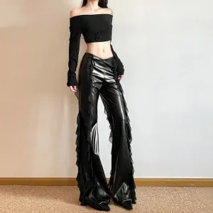 Flare Slim Summer Long Party PU Mesh Fit Hot Splicing High Club Girls Black Waist Pants