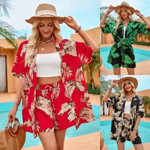 2pcs Casual Holiday Leaves Print Suit Summer Short Sleeve Shirt Top