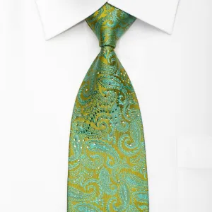 Andre Kim Men's Silk Necktie Turquoise Paisley On Green Sparkling With Rhinestones