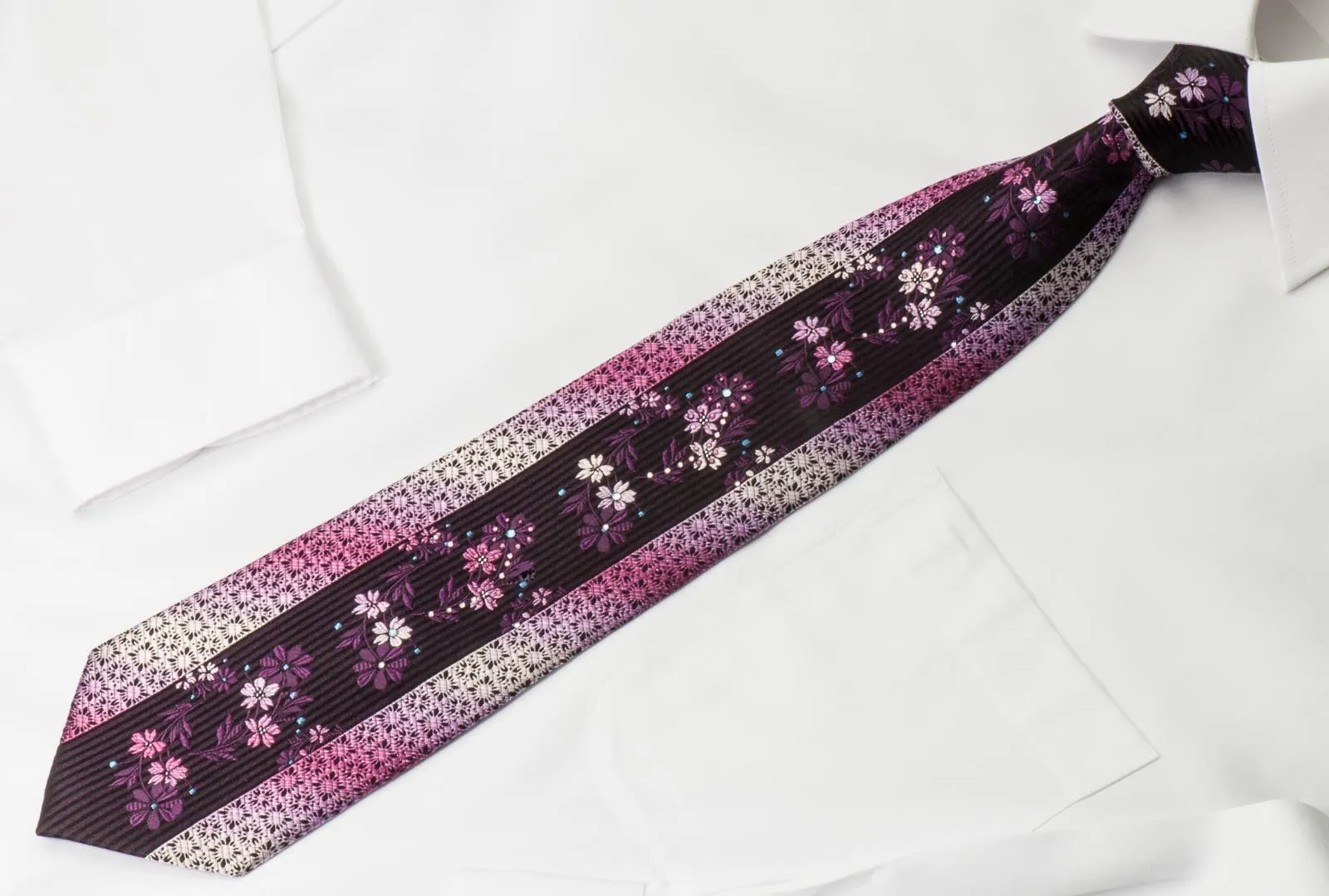 Arnaldo Bassini Silk Crystal Rhinestone Necktie Floral On Purple With Silver Sparkles