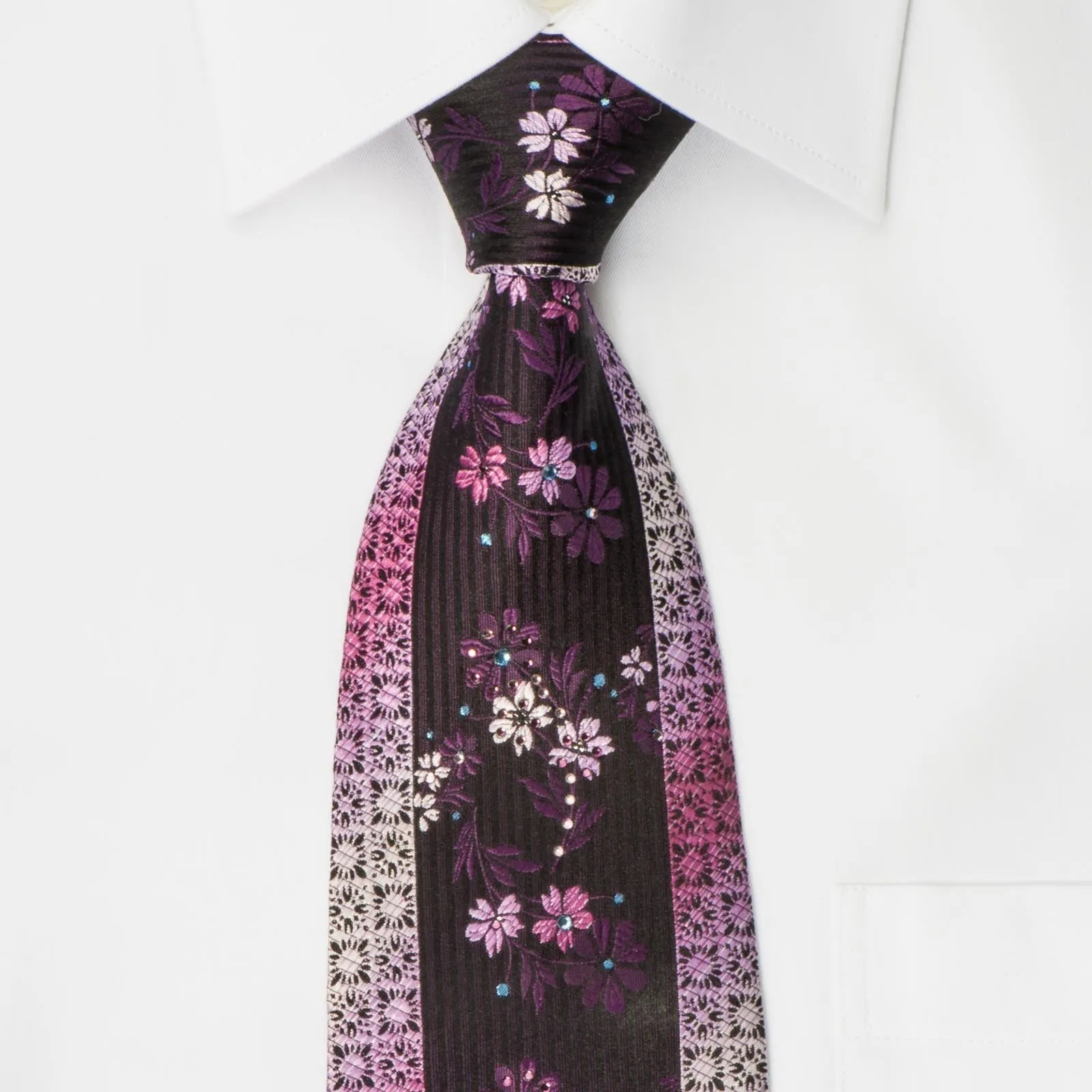 Arnaldo Bassini Silk Crystal Rhinestone Necktie Floral On Purple With Silver Sparkles