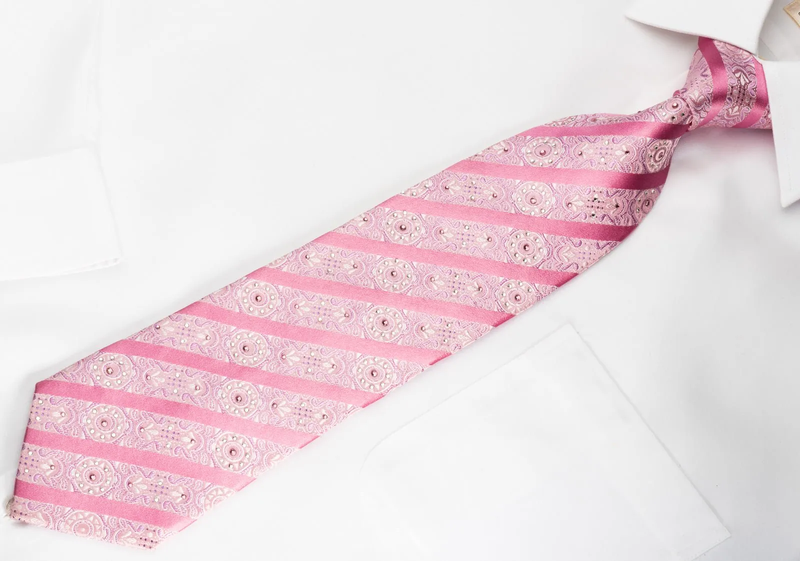 Arpeggio Rhinestone Silk Necktie Striped On Pink With Pink Sparkles