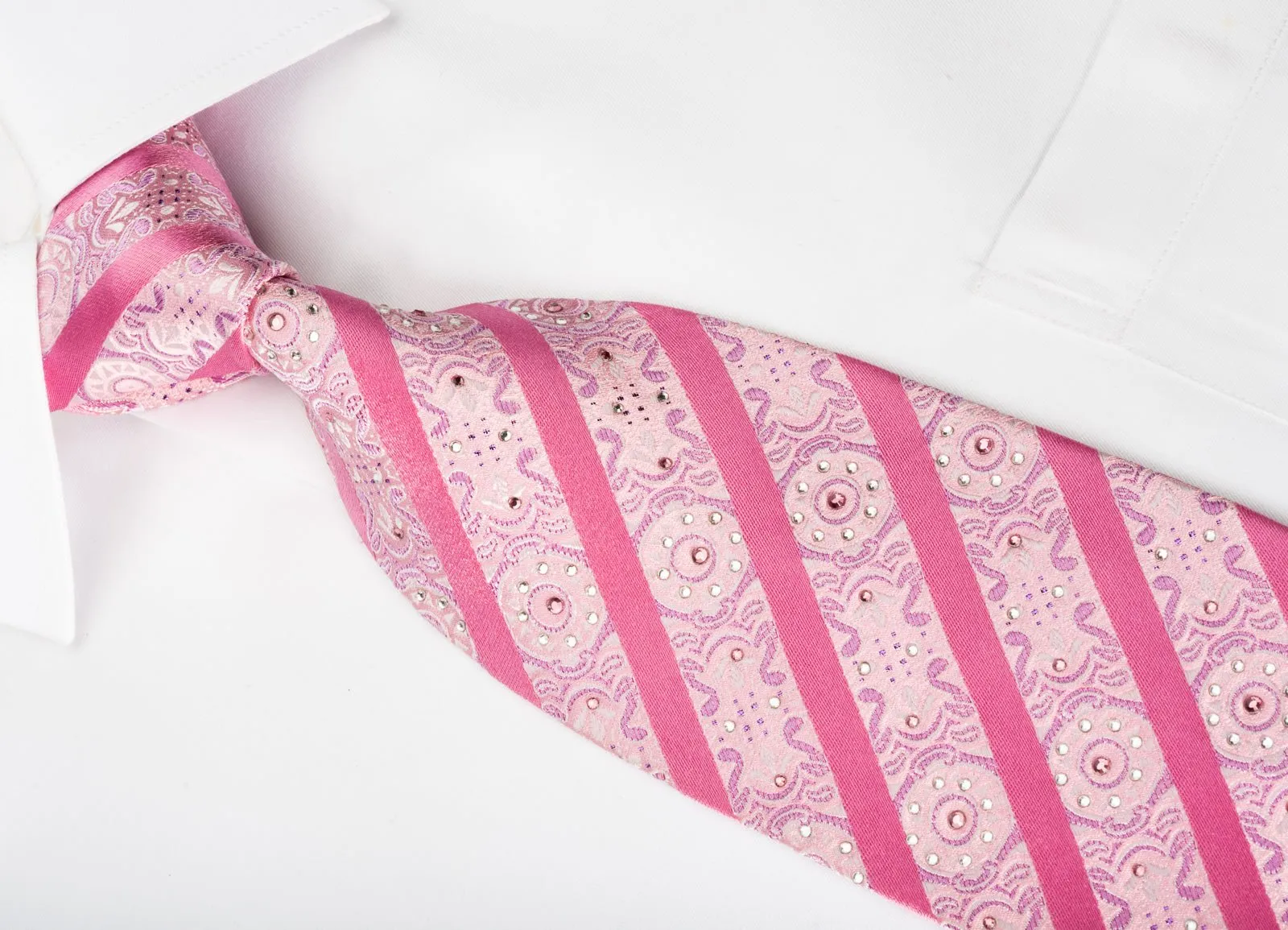 Arpeggio Rhinestone Silk Necktie Striped On Pink With Pink Sparkles