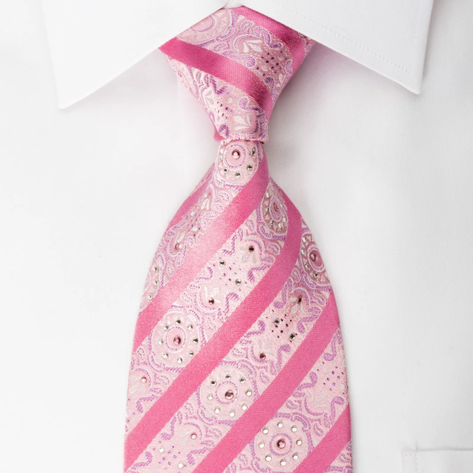 Arpeggio Rhinestone Silk Necktie Striped On Pink With Pink Sparkles