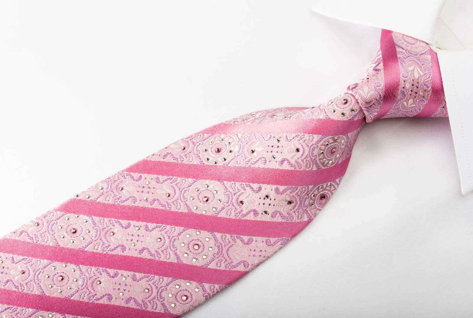 Arpeggio Rhinestone Silk Necktie Striped On Pink With Pink Sparkles