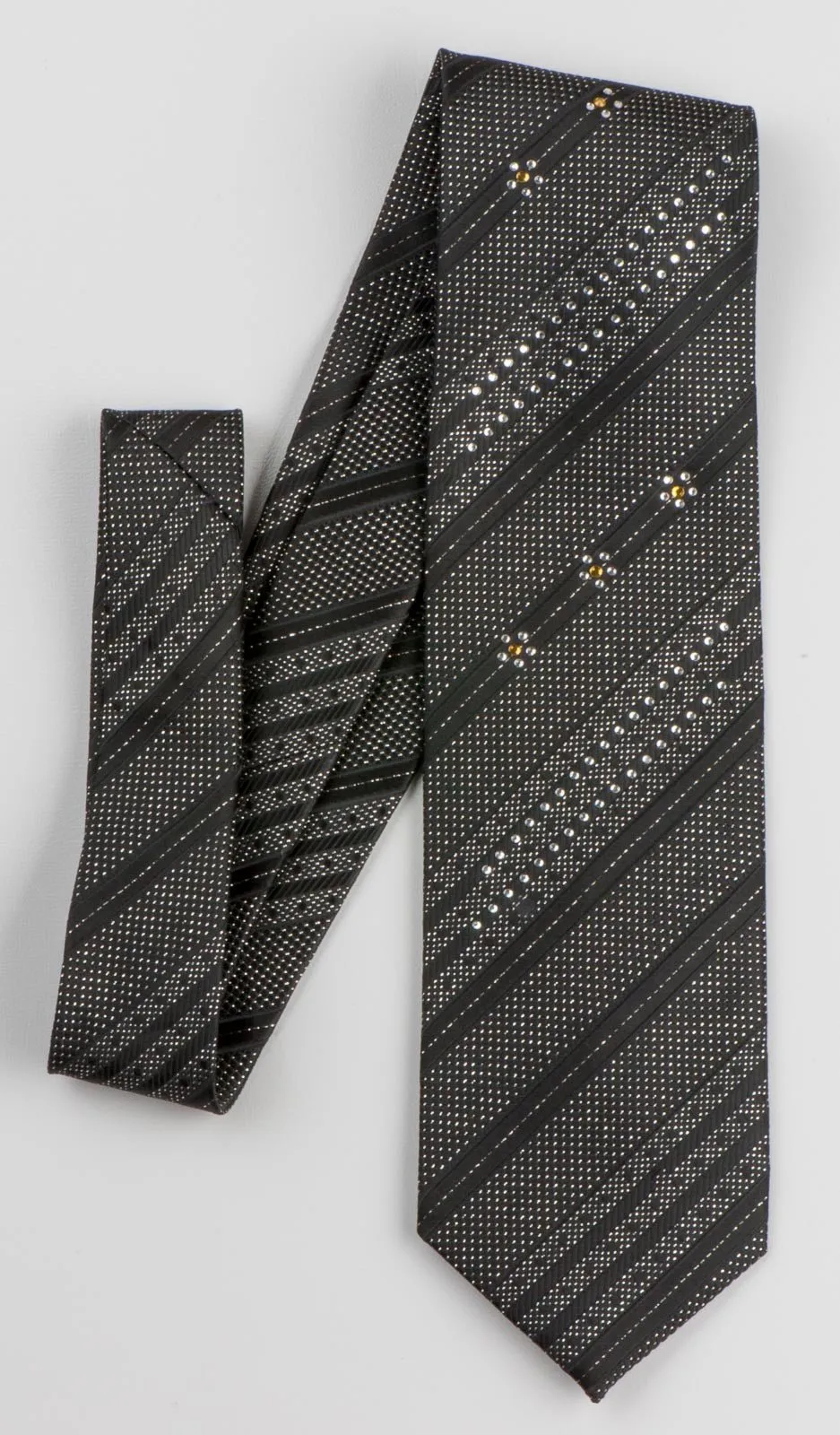 Avolio Silk Tie Silver Stiped Sparkles On Black With Rhinestones Necktie