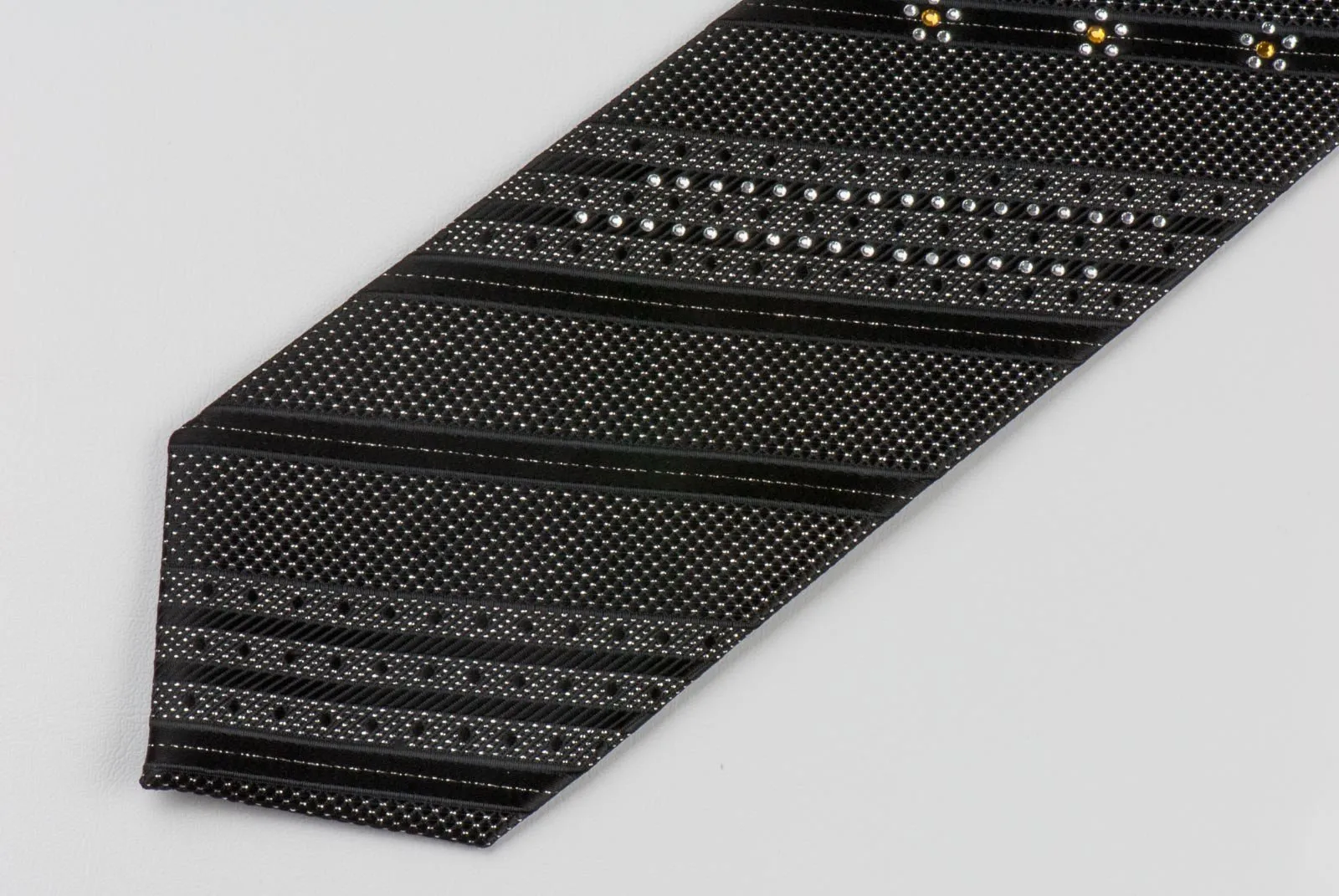 Avolio Silk Tie Silver Stiped Sparkles On Black With Rhinestones Necktie