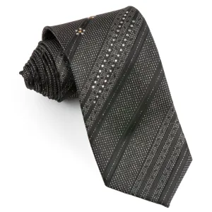 Avolio Silk Tie Silver Stiped Sparkles On Black With Rhinestones Necktie