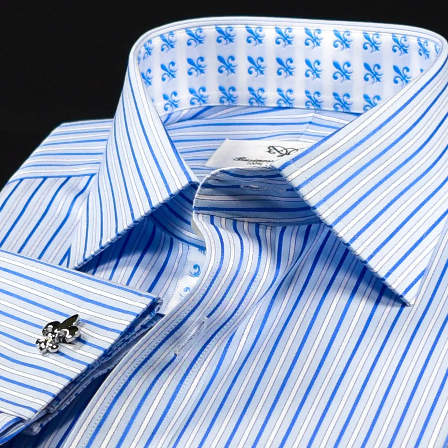 B2B Blue Thin Hollow Stripe Formal Business Dress Shirt With Fleur-de-lis Inner Lining