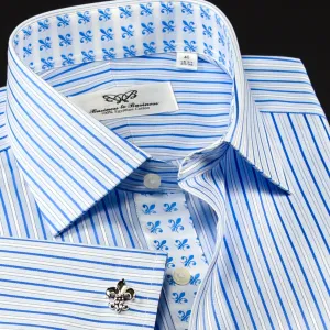 B2B Blue Thin Hollow Stripe Formal Business Dress Shirt With Fleur-de-lis Inner Lining