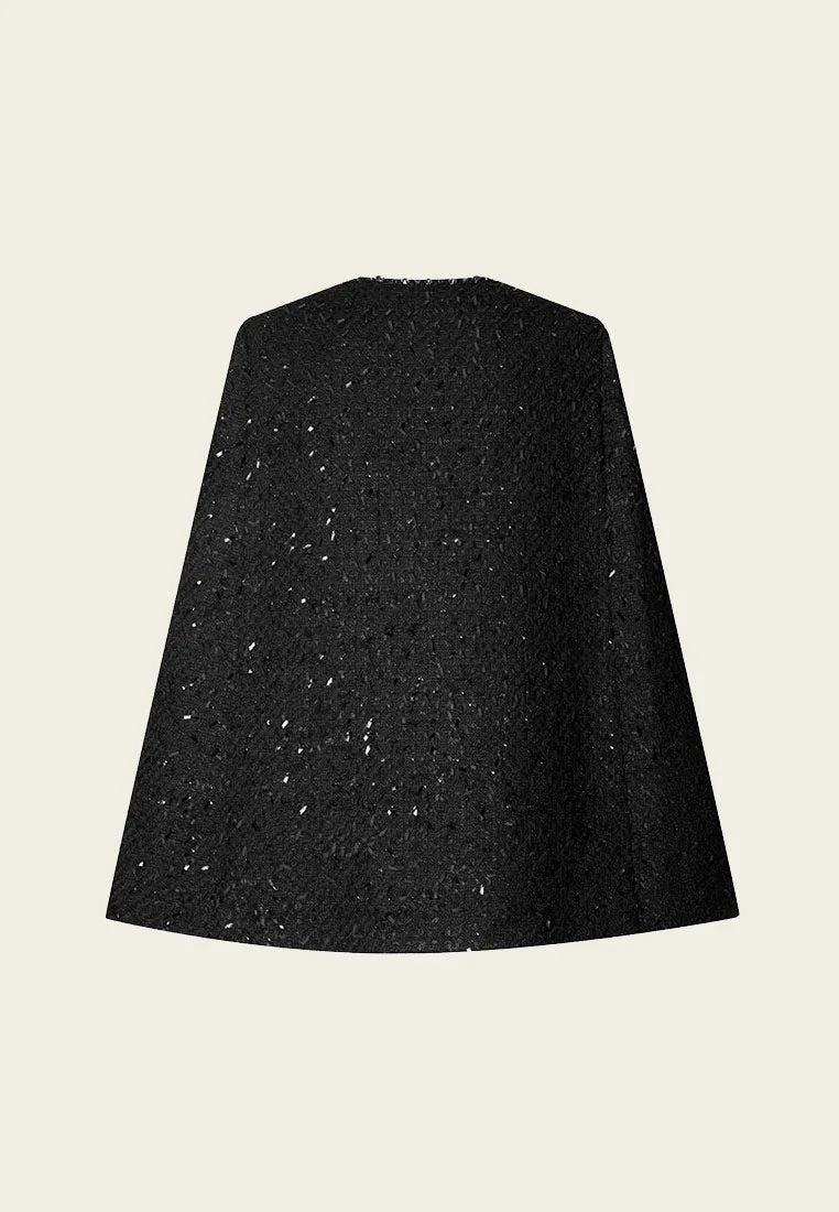 Black Rhinestone Embellished Tweed Cape