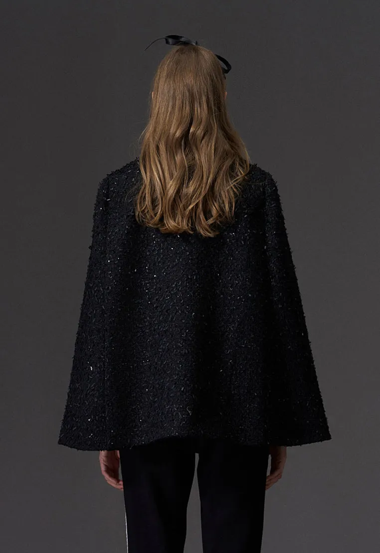 Black Rhinestone Embellished Tweed Cape