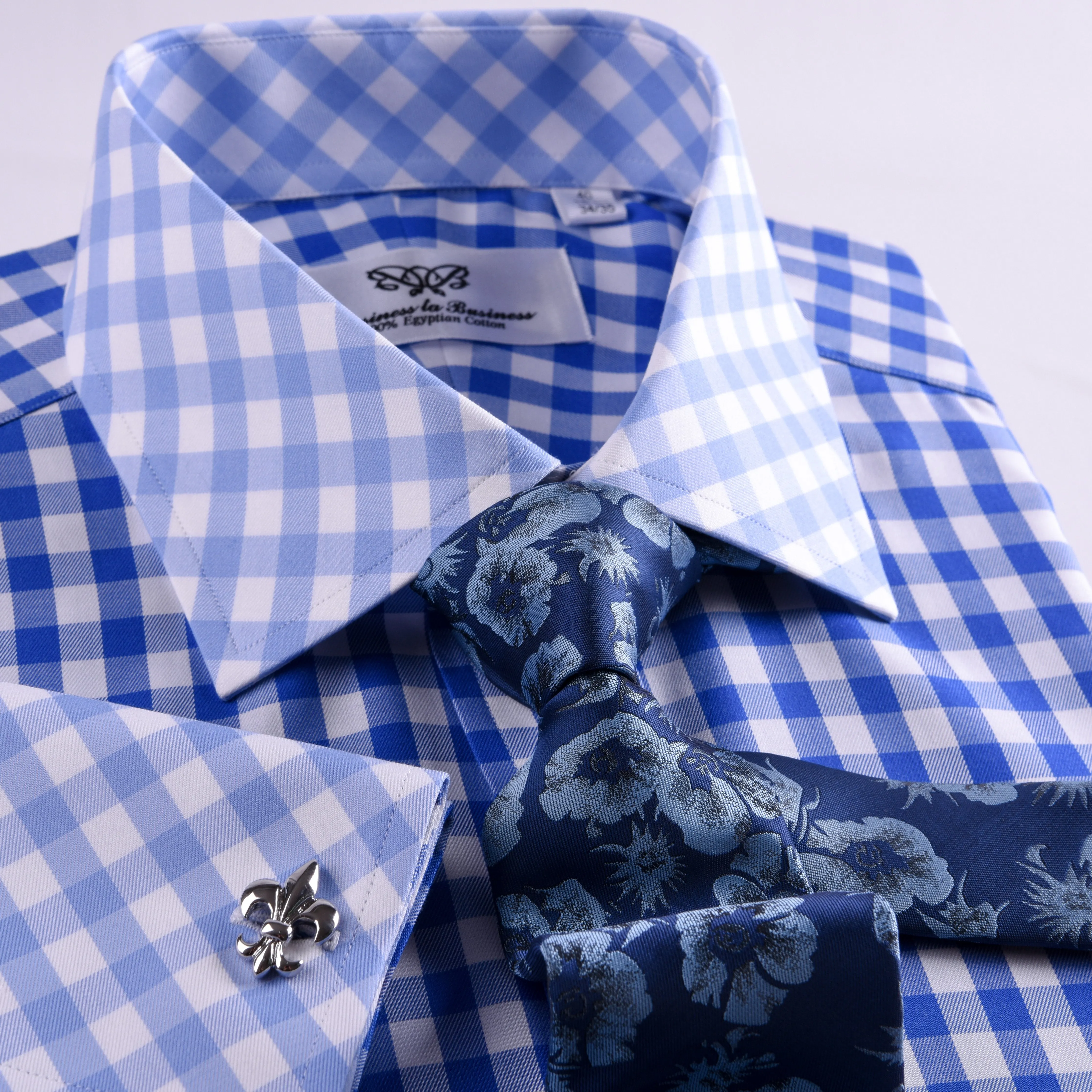 Blue Gingham Check Formal Business Dress Shirt Designer Checkered With Contrast Light Blue Collar And Cuffs