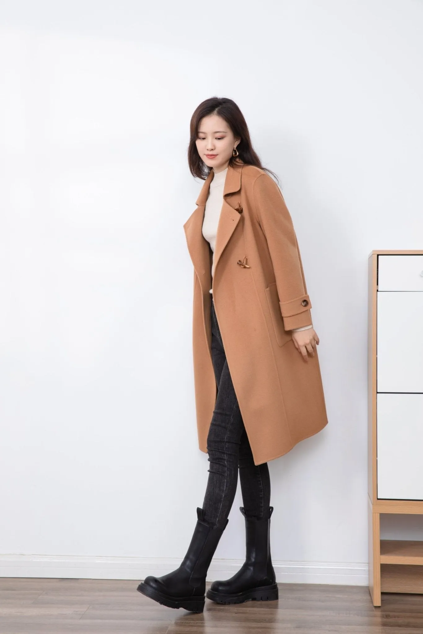 Camel Wool Square Collar Overcoats