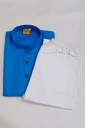 Charming Sky Blue Colored Cotton Plain Kurta With Pajama Pant For Men