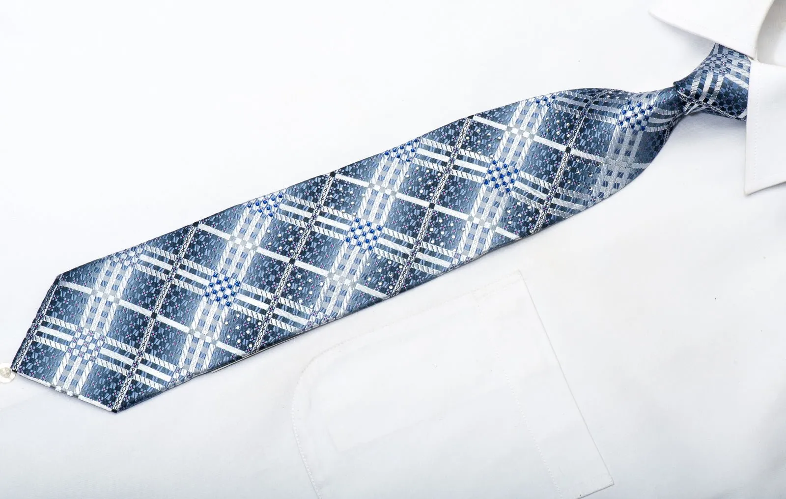 Christian Aujard Men's Silk Rhinestone Necktie Silver Checkered On Blue With Sparkles