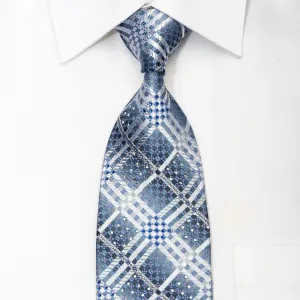 Christian Aujard Men's Silk Rhinestone Necktie Silver Checkered On Blue With Sparkles