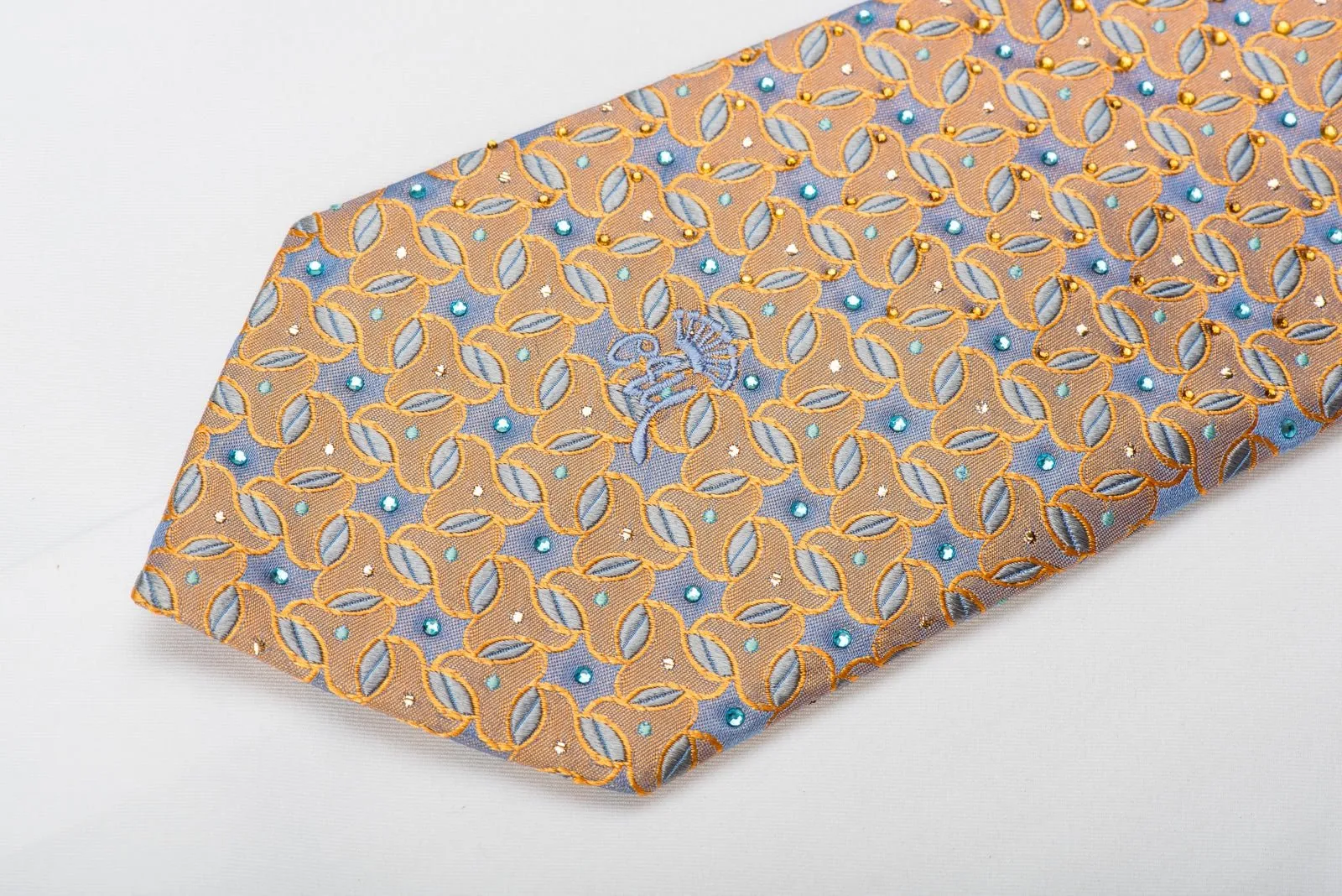 Countess Mara Men's Crystal Silk Necktie Blue Gold Geometric With Silver Sparkles