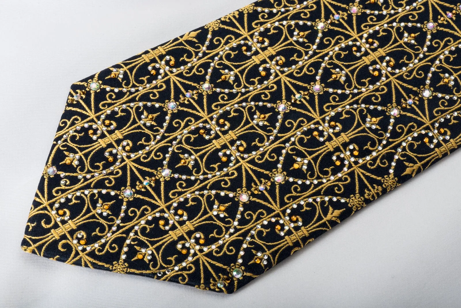 Daniel Hechter Silk Tie Golden Filigree On Navy With Rhinestones