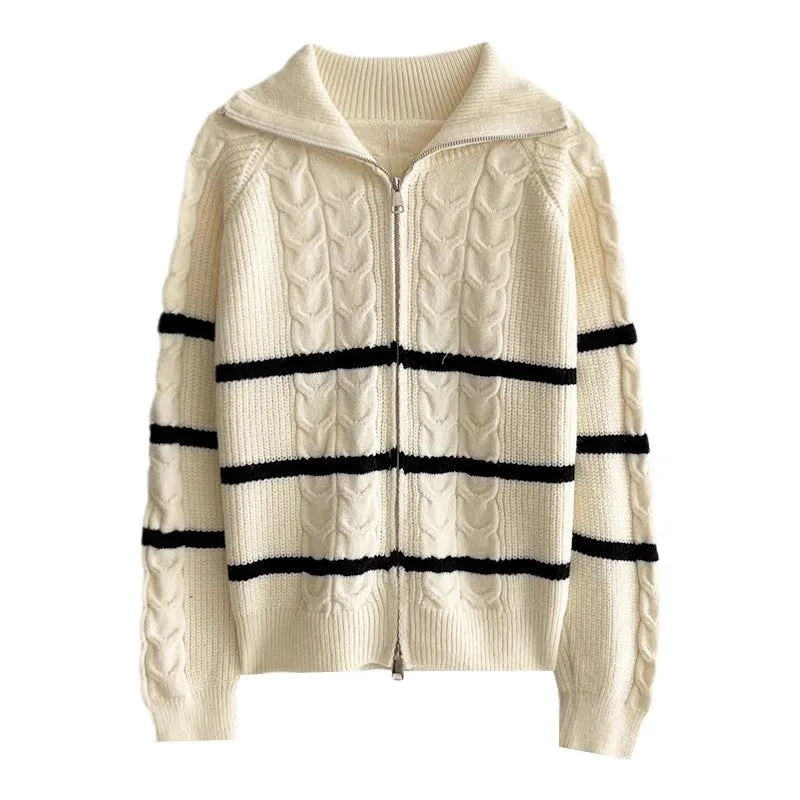 double zipper casual striped sweater jacket   S4772