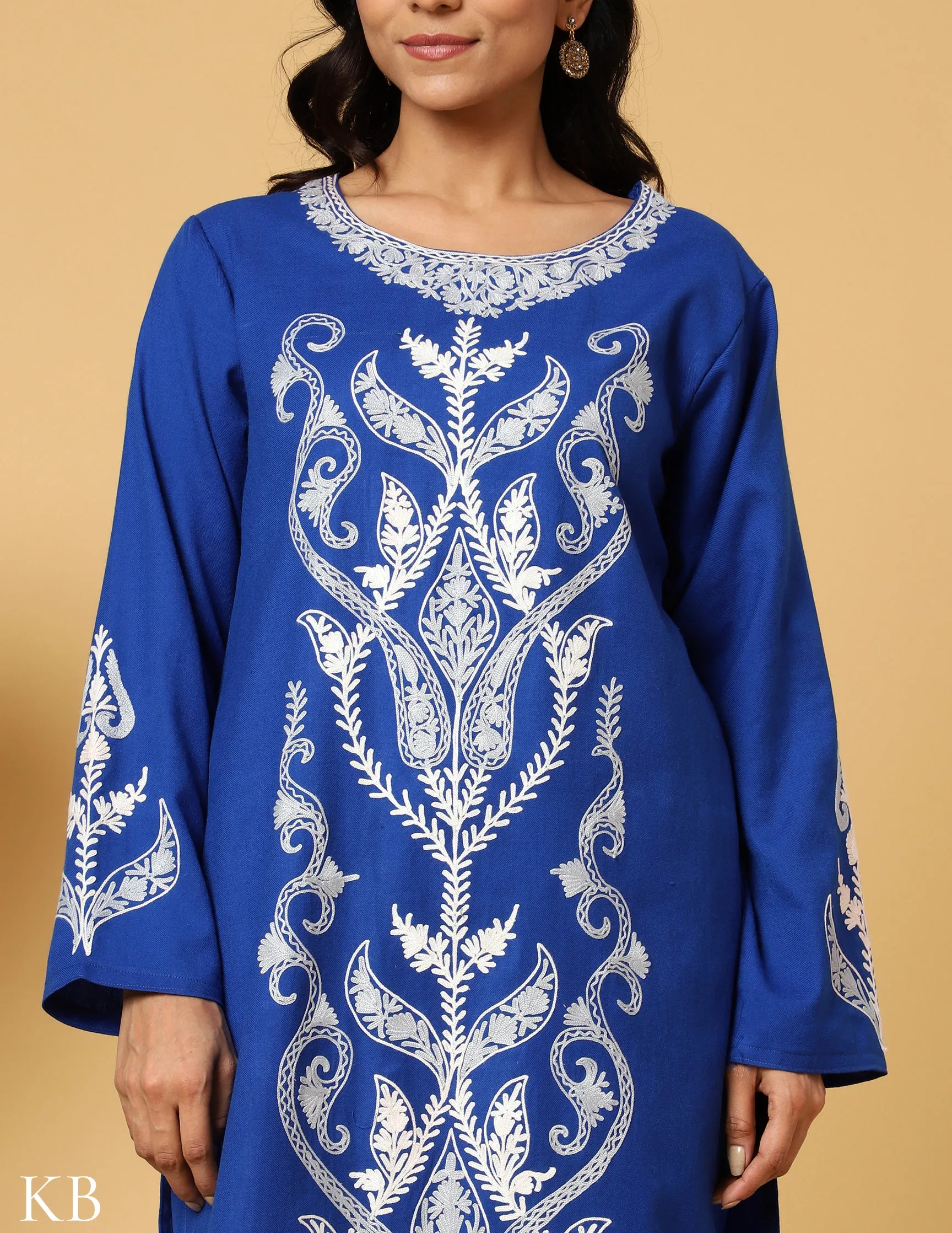 Egyptian Blue Aari Embroidered Woolen Suit