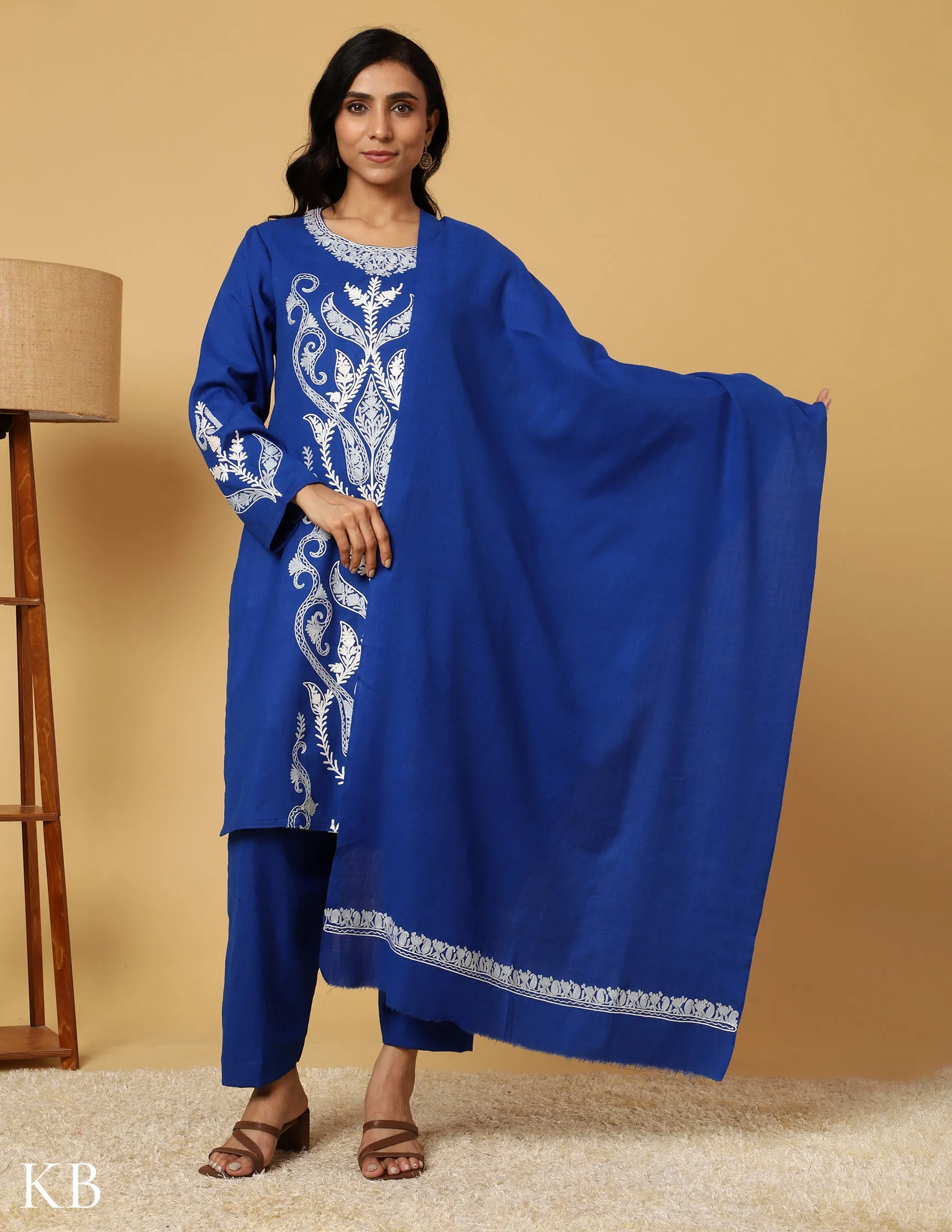 Egyptian Blue Aari Embroidered Woolen Suit