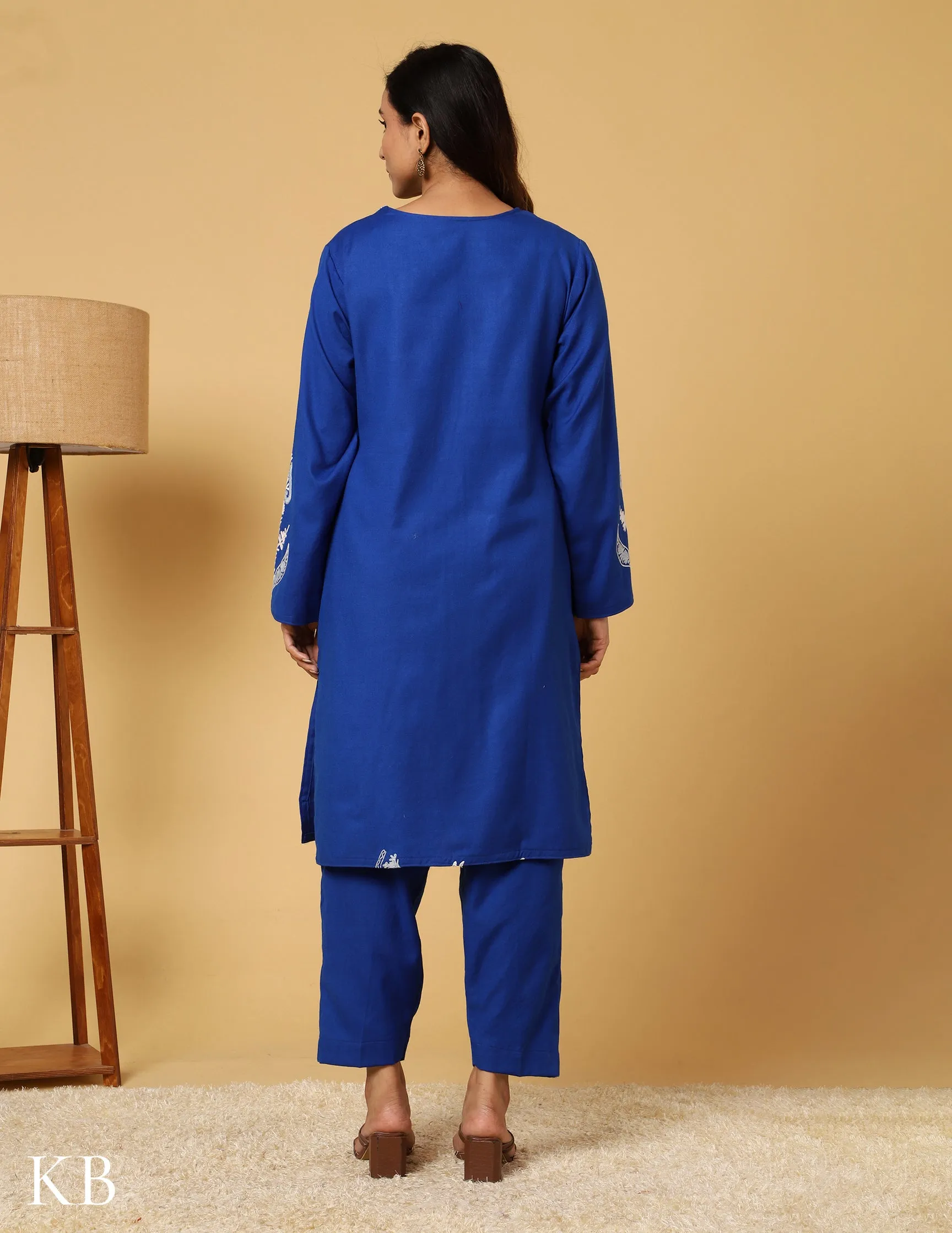 Egyptian Blue Aari Embroidered Woolen Suit