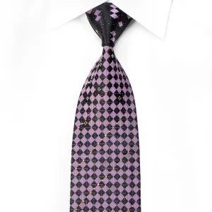 Elegance Men's Crystal Necktie Purple Black Checkered With Silver Sparkles