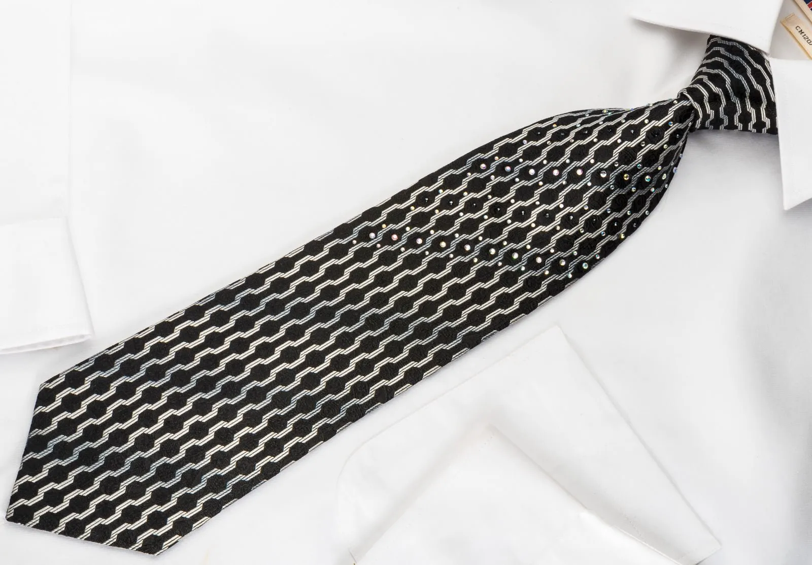 Elegance Silk Tie Silver Geometric On Black With Rhinestones