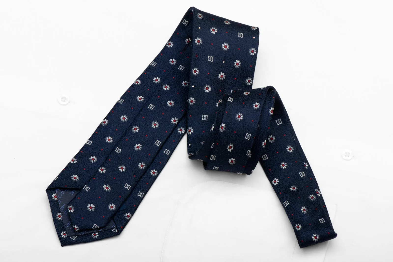 Elegant Silver Red Floral Design On Navy Blue Rhinestone Silk Tie