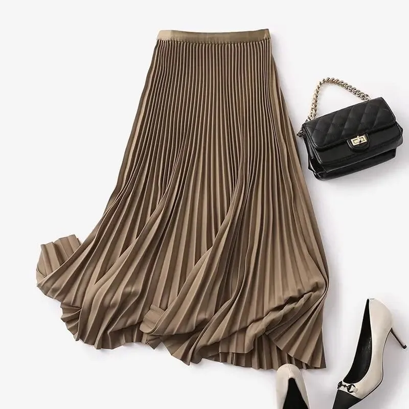 Elegant Solid Color Elastic High Waist Pleated A-Line Mid-Calf Skirts