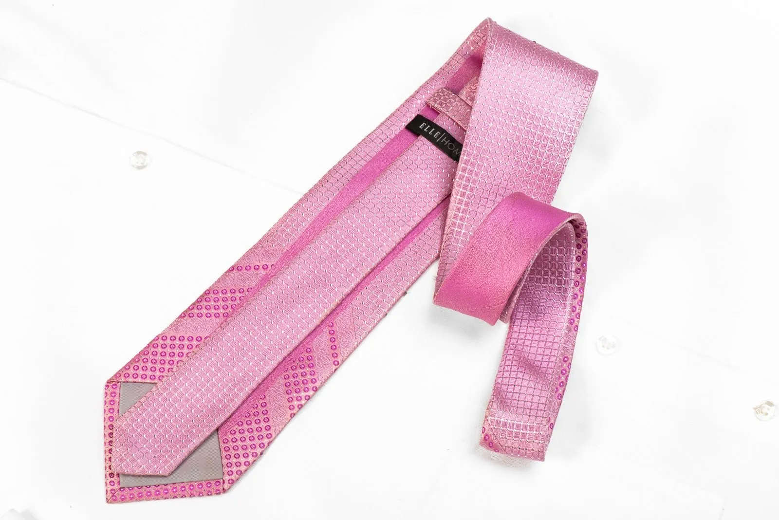 Elle Homme Men's Crystal Silk Tie Trellis On Pink With Silver Sparkles