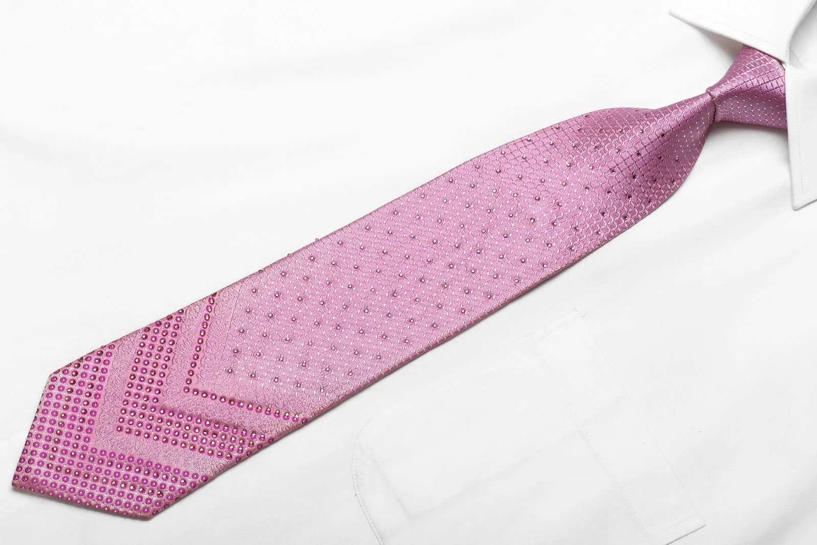 Elle Homme Men's Crystal Silk Tie Trellis On Pink With Silver Sparkles