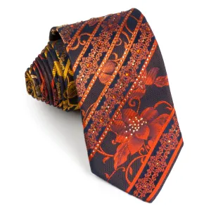 Elle Homme Silk Neck Tie Golden Yellow Floral Design On Brown With Rhinestones