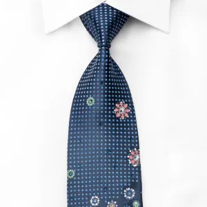 Giorgio Ferri Men's Silk Tie Geometric Floral On Blue Sparkling With Crystal Rhinestones