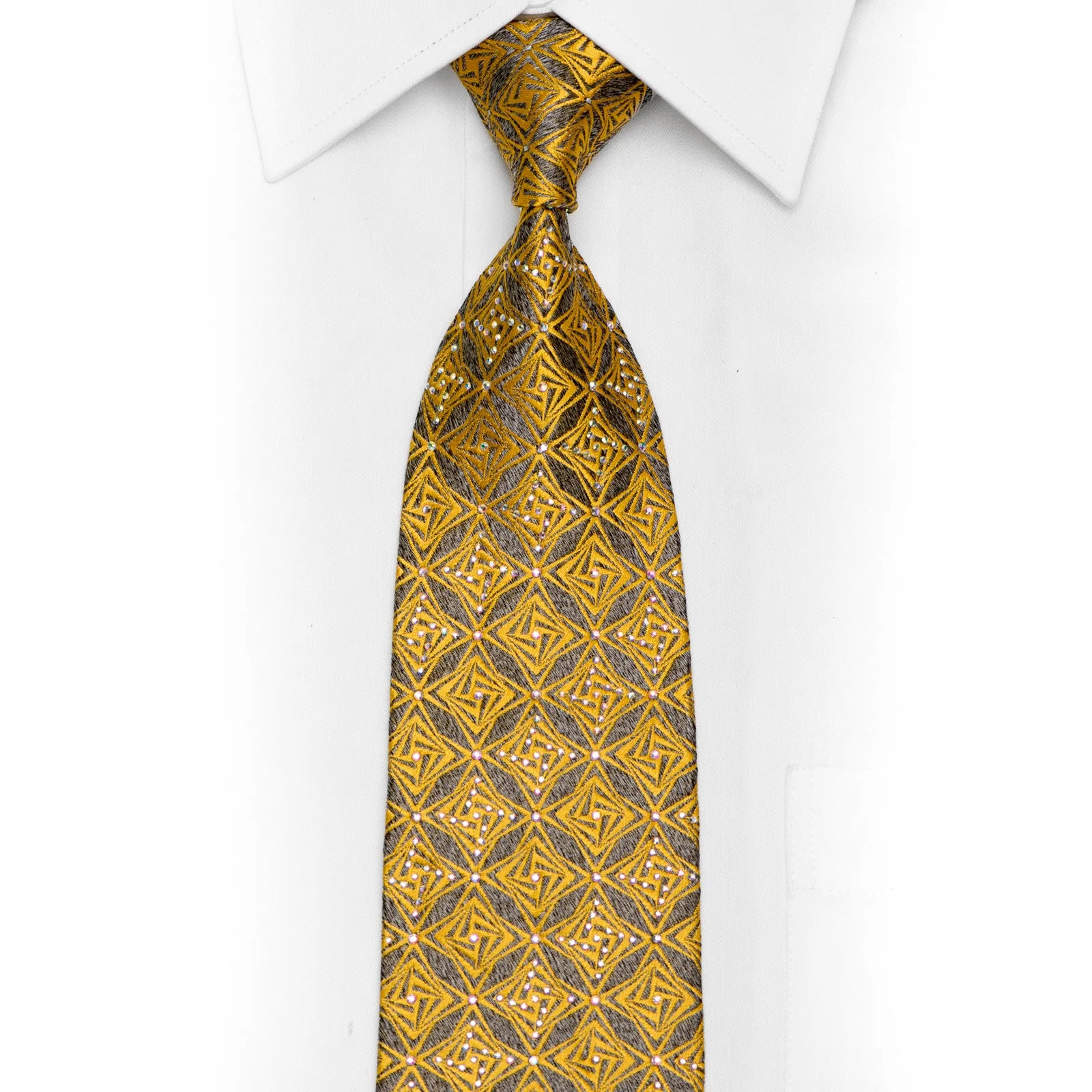 Gold Geometric On Dark Silver Crystal Rhinestone Silk Tie