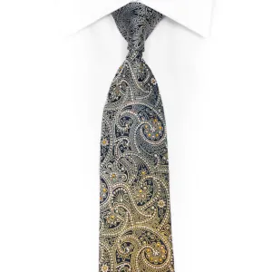 Gold Silver Paisley On Navy Blue Rhinestone Silk Necktie