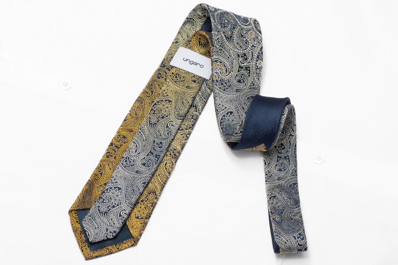 Gold Silver Paisley On Navy Blue Rhinestone Silk Necktie