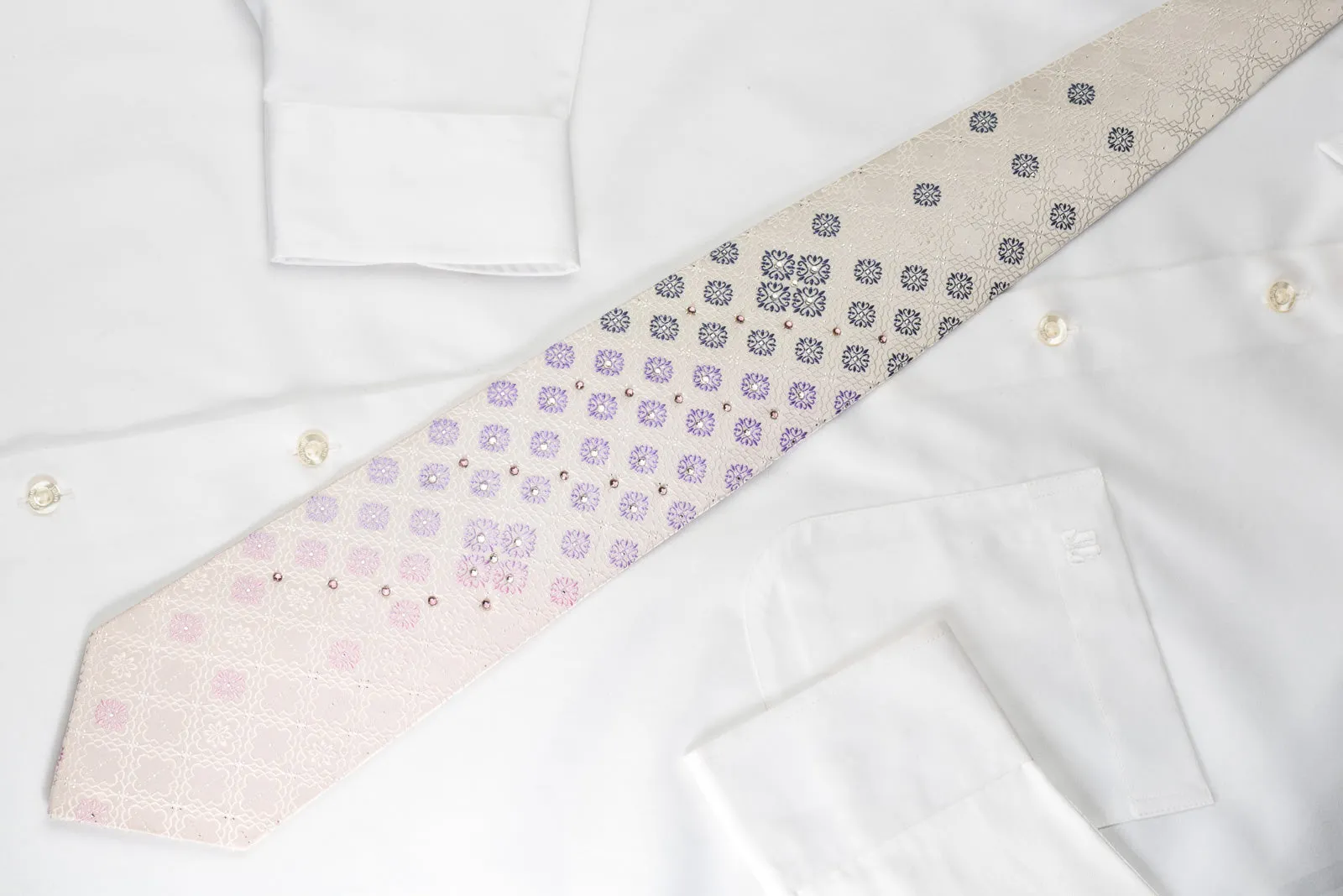 Grand Jour Rhinestone Silk Necktie Mauve Pink Cartouche On White With Silver Sparkles