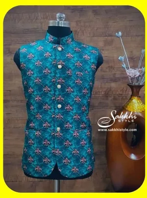 Green Two Toned Printed Nehru Jacket