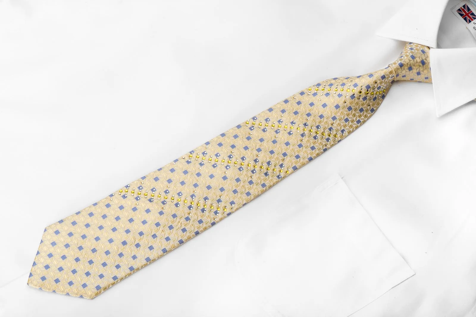 Guy Laroche Men's Crystal Necktie Yellow Blue Checkered With Silver Sparkles