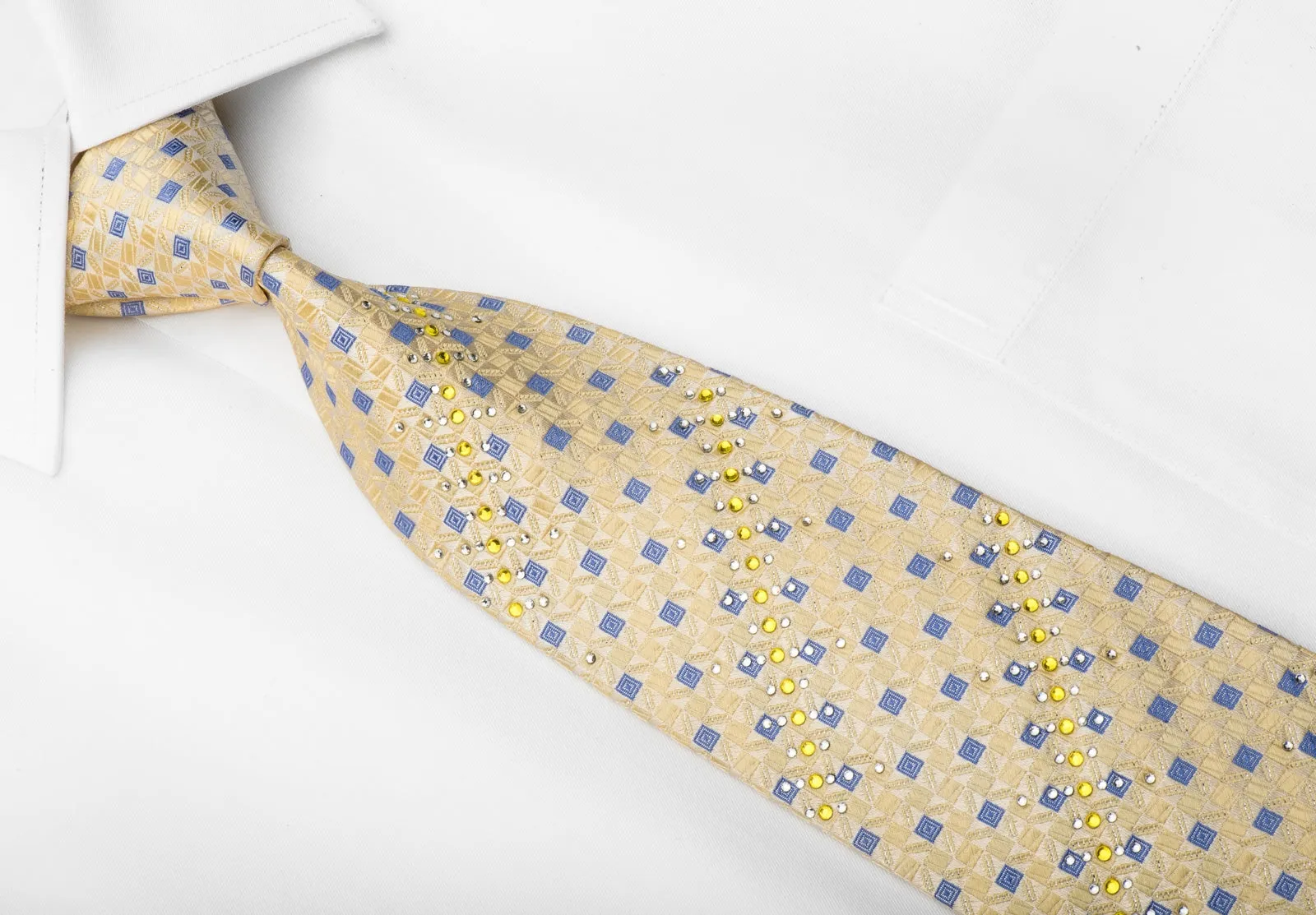 Guy Laroche Men's Crystal Necktie Yellow Blue Checkered With Silver Sparkles