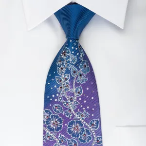 Guy Laroche Rhinestone Silk Necktie Silver Floral On Purple With Silver Sparkles