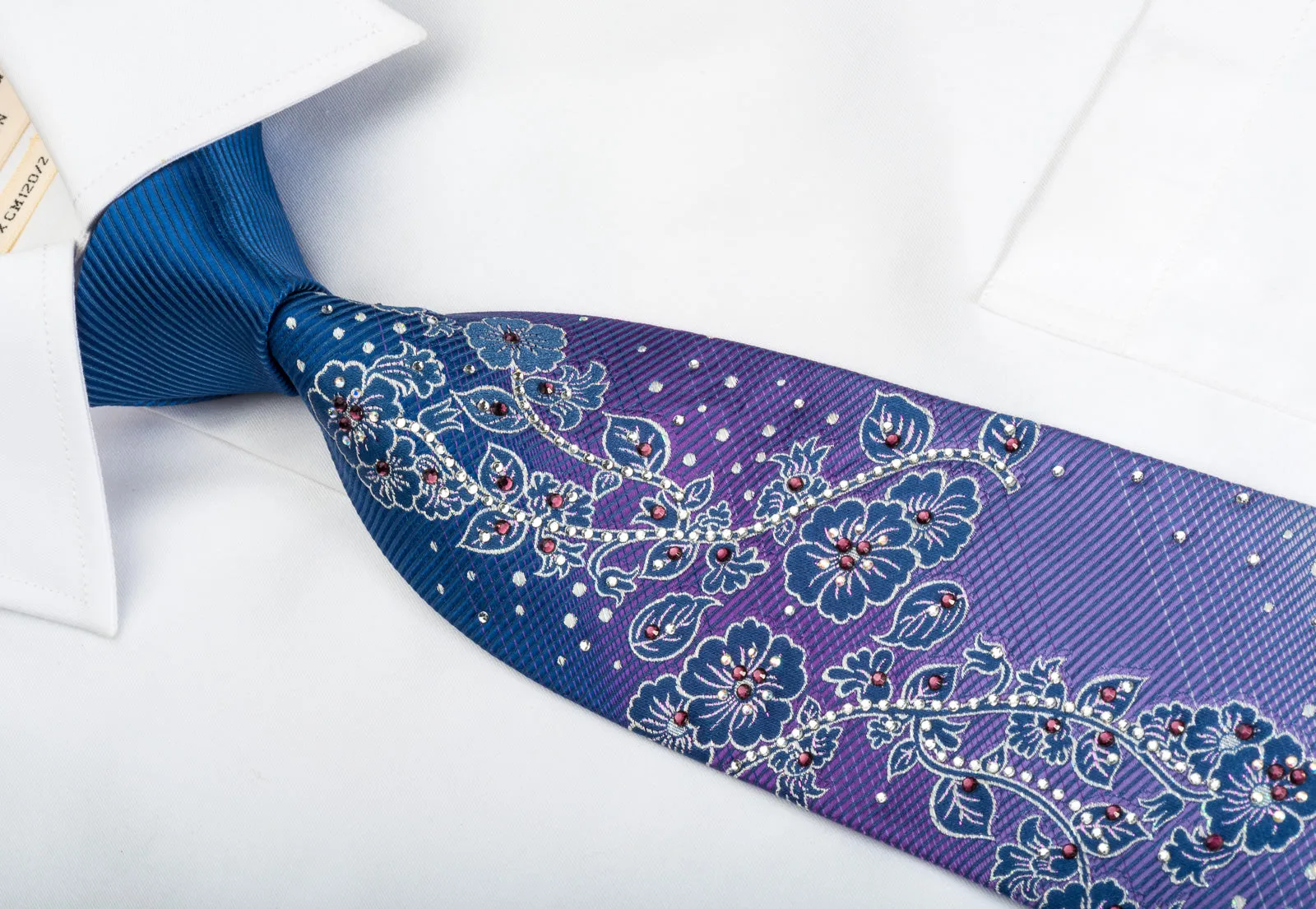 Guy Laroche Rhinestone Silk Necktie Silver Floral On Purple With Silver Sparkles