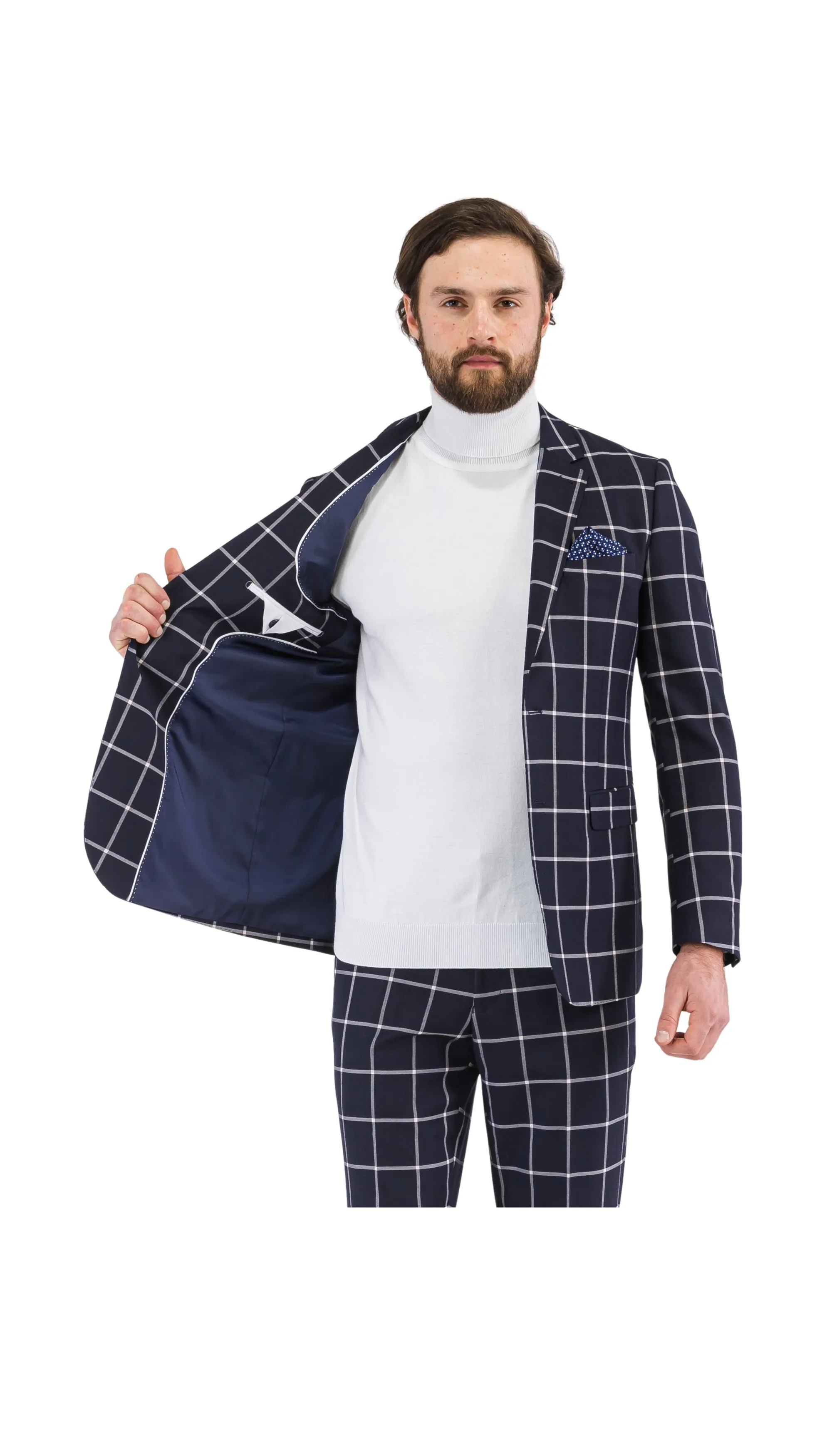 Harvy Mens Slim Fit Navy Check Plaid Suit