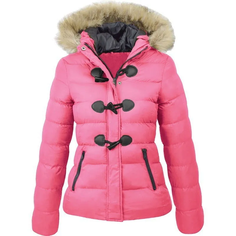 Horn Button Fur Hood Thick Padded Cotton Coats