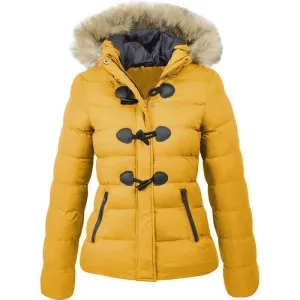 Horn Button Fur Hood Thick Padded Cotton Coats