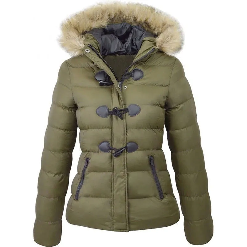 Horn Button Fur Hood Thick Padded Cotton Coats