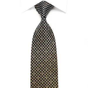 Indian Homme Men's Crystal Silk Necktie Gold Silver Black Checkered With Silver Sparkles