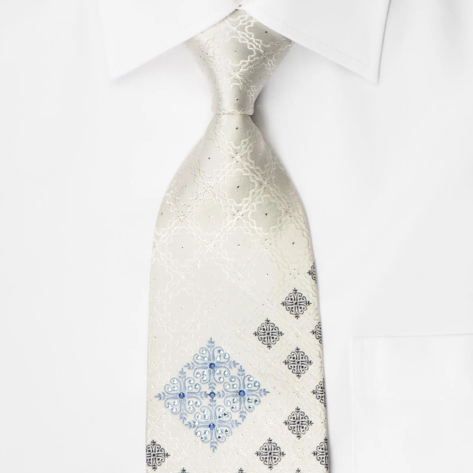 Indian Homme Men's White Crystal Rhinestone Necktie Cartouche On White